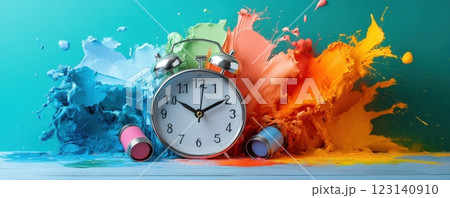 Vibrant paint explosions around a clock symbolizing time and creativity Vibrant paint explosions around a clock symbolizing time and creativity 123140910
