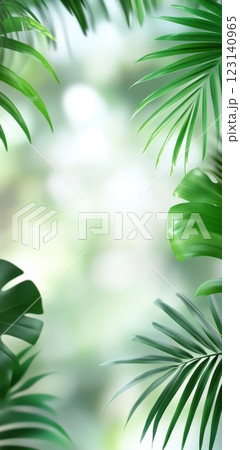 Tropical green palm leaves with a serene blurred background 123140965