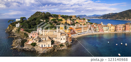 beautiful town Sestri Levante.Liguria region, Italy . aerial panoramic view of Bay of Silence with old church colorful houses and beach beautiful town Sestri Levante.Liguria region, Italy . aerial panoramic view of Bay of Silence with old church colorful houses and beach 123140988