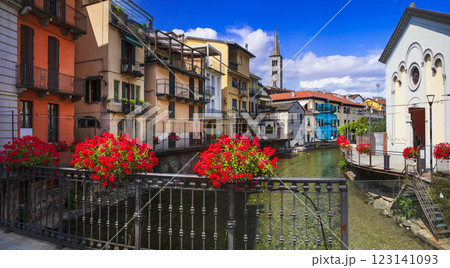Italy, Orta lake. Piedmont. (Lago di Orta). Scenic colorful town Omegna with charming canals and floral streets 123141093