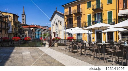 Italy, Orta lake. Piedmont. (Lago di Orta). Scenic colorful town Omegna with charming canals and floral streets 123141095