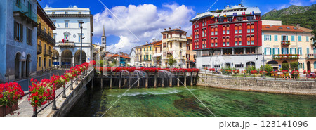 Italy, Orta lake. Piedmont. (Lago di Orta). Scenic colorful town Omegna with charming canals and floral streets 123141096