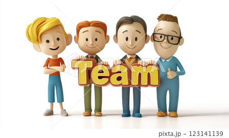 3D cartoon illustration of four people displaying teamwork 123141139