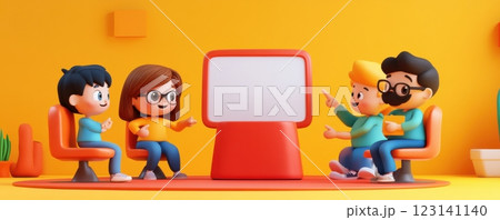 Colorful cartoon characters discussing ideas at a red table 123141140
