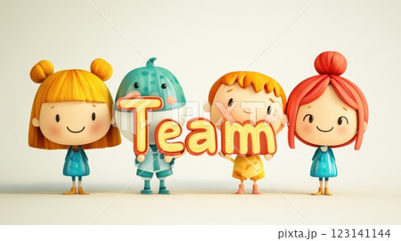 Cartoon characters holding the word 'Team' with cheerful expressions 123141144