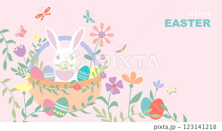 Banner of Happy Easter basket, hand drawn flat design with bunnie, flowers, eggs and butterflies, in pastel colors style. Vector illustration on pink modern background with copy space 123141218