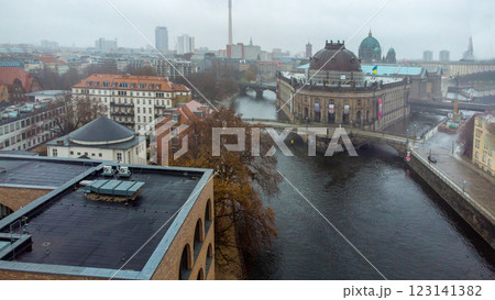 Drone view on the Bode-Museum in Berlin and Spree river and Fernsehturm Drone view on the Bode-Museum in Berlin and Spree river and Fernsehturm 123141382