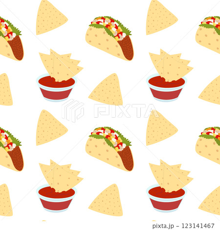 Traditional Mexican food Taco meat filled and Nacho in saucer with sauce Seamless Pattern Wallpaper 123141467