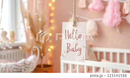 hello baby paper tag hanging in cozy pink childs room 123141588