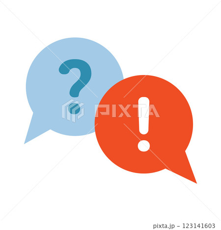 Answer to the question. Two speech bubbles with a question and exclamation marks,  communication and understanding. FAQ, consumer support concept.  Vector illustration isolated on white, flat design 123141603