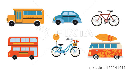 Set of colorful vehicles as school bus, classic car, bicycle with a basket and van with surfboard on top. Trendy modern vector illustration isolated on white background, hand drawn, flat design Set of colorful vehicles as school bus, classic car, bicycle with a basket and van with surfboard on top. Trendy modern vector illustration isolated on white background, hand drawn, flat design 123141611