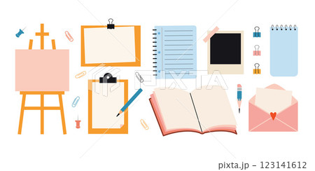 Set of stationery items with empty space for text, including easel, clipboard, photo frame, notepad, book, envelope and pencil. Modern vector illustration isolated on white, hand drawn, flat 123141612