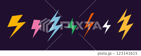 Set of various colorful lightning bolt icons on a dark background. Trendy modern vector illustration, flat design 123141615