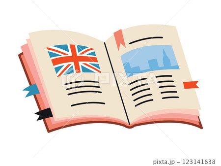 Cute open school textbook with UK flag. English language learning and education course concept. Trendy modern vector illustration isolated on white background, hand drawn, flat design Cute open school textbook with UK flag. English language learning and education course concept. Trendy modern vector illustration isolated on white background, hand drawn, flat design 123141638