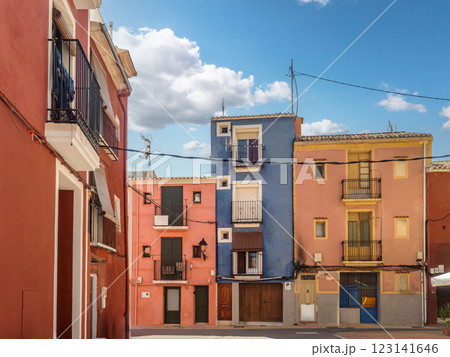 Colorful Mediterranean Houses Under Clear Blue Sky, Villajoyosa, Spain 123141646