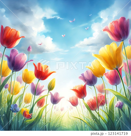 A colorful array of vibrant tulips in various hues including pink, purple, yellow, and white. The lush green leaves provide a fresh, natural backdrop, creating a cheerful spring scene. 123141719