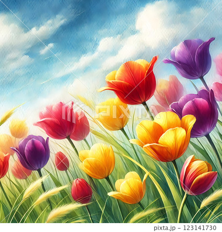 A colorful array of vibrant tulips in various hues including pink, purple, yellow, and red, set against lush green leaves. The scene evokes a joyful spring atmosphere. 123141730