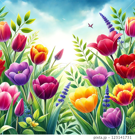 A colorful array of vibrant tulips in various hues including pink, purple, yellow, and red, set against lush green leaves. The scene evokes a joyful spring atmosphere. 123141731
