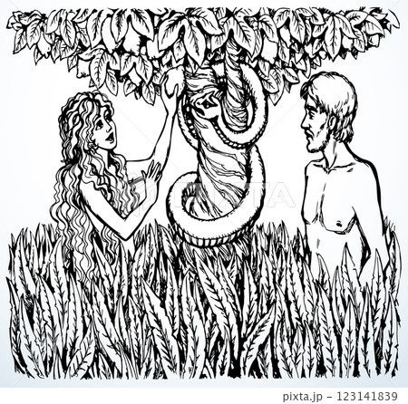 Vector drawing. Adam and Eve at the tree Vector drawing. Adam and Eve at the tree 123141839