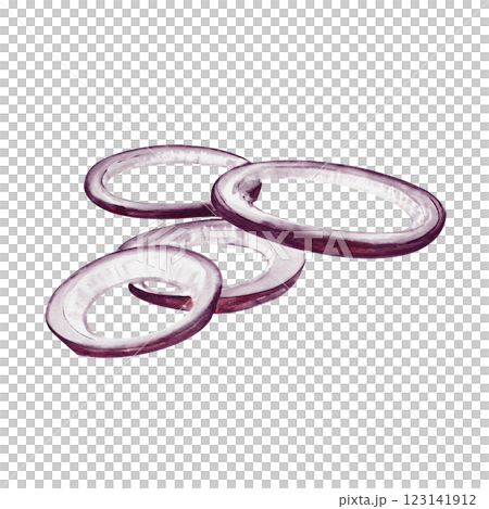 onion rings. The onion is cut into slices. Red or purple vegetable. Ingredient for meat and other foods. Watercolor illustration isolated from background. white onion flesh and purple skin .  123141912