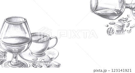 Rectangular frame with glasses of cognac and coffee. Isolated pencil illustration for posters, advertising posters, restaurant menu and bar card design Rectangular frame with glasses of cognac and coffee. Isolated pencil illustration for posters, advertising posters, restaurant menu and bar card design 123141921