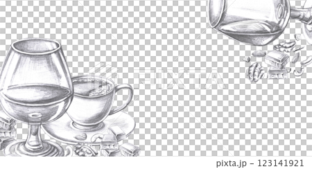 Rectangular frame with glasses of cognac and coffee. Isolated pencil illustration for posters, advertising posters, restaurant menu and bar card design Rectangular frame with glasses of cognac and coffee. Isolated pencil illustration for posters, advertising posters, restaurant menu and bar card design 123141921
