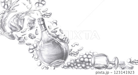 Rectangular frame with cognac, nuts, grapes, glasses. Isolated pencil illustration for posters, menu design and restaurant bar card Rectangular frame with cognac, nuts, grapes, glasses. Isolated pencil illustration for posters, menu design and restaurant bar card 123141923