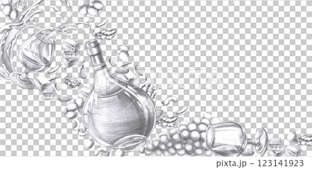Rectangular frame with cognac, nuts, grapes, glasses. Isolated pencil illustration for posters, menu design and restaurant bar card 123141923
