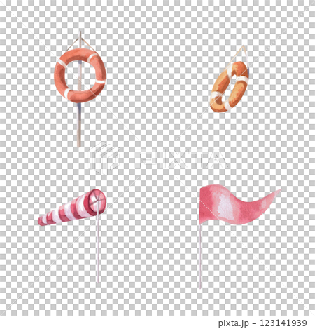 Set of isolated watercolor illustrations of lifebuoys, windsock and flag for design of marine themed holidays, summer restaurants. 123141939
