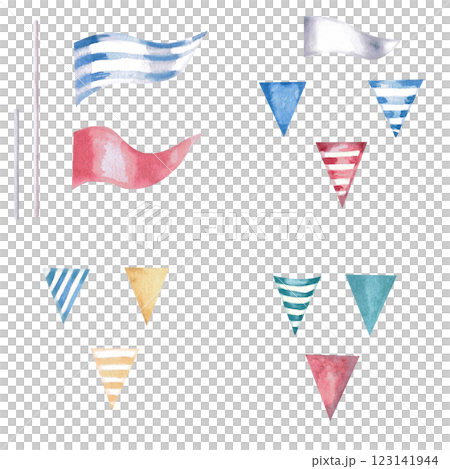 A set of triangular flags and pennants for decorating themed events on a marine theme, birthdays, printing on clothes, decorating restaurant interiors. A set of triangular flags and pennants for decorating themed events on a marine theme, birthdays, printing on clothes, decorating restaurant interiors. 123141944