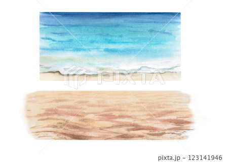 Set of two images - sea and sandy shore. Isolated watercolor illustrations-constructor for forming a landscape background of the sea coast. 123141946