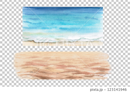 Set of two images - sea and sandy shore. Isolated watercolor illustrations-constructor for forming a landscape background of the sea coast. 123141946
