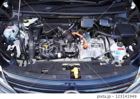 発電用のガソリンエンジンと発電機と走行用電動モーターを搭載したシリーズハイブリッド車のエンジンルーム 123141949