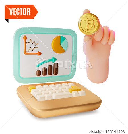 3d Crypto Currency Concept Hand with Golden Bitcoin and Laptop with Financial Charts Cartoon Design Style. Vector illustration 123141998