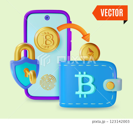 3d Crypto Currency Concept Smartphone with Bitcoin, Protection Padlock and Wallet Cartoon Design Style. Vector illustration 123142003