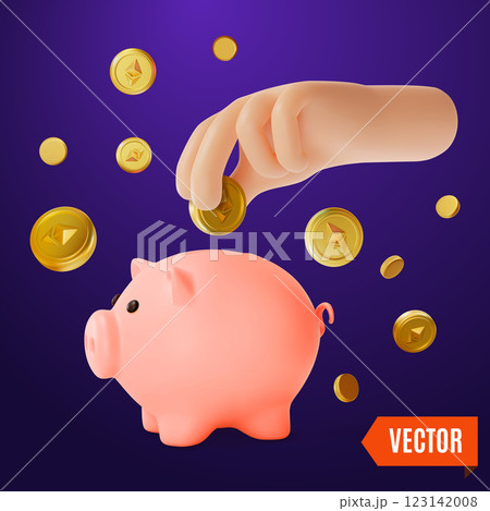 3d Crypto Currency Concept Hand Putting Ethereum Coin a Piggy Bank Cartoon Design Style. Vector illustration 123142008