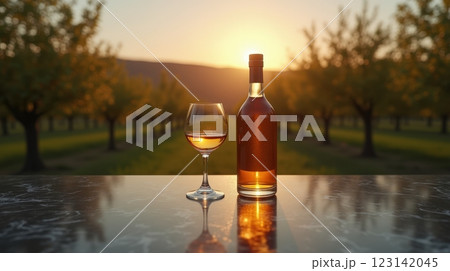 Enjoying Calvados at sunset among apple orchards in Normandy 123142045