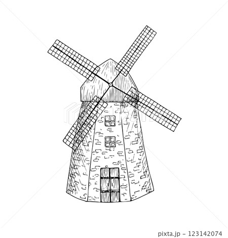 Vector Windmill. Graphic mill logo or label. Farm, agriculture illustration isolated on background. Hand drawn line sketch. For designers, prints, logo, icon, menu, postcards, holiday, covers Vector Windmill. Graphic mill logo or label. Farm, agriculture illustration isolated on background. Hand drawn line sketch. For designers, prints, logo, icon, menu, postcards, holiday, covers 123142074