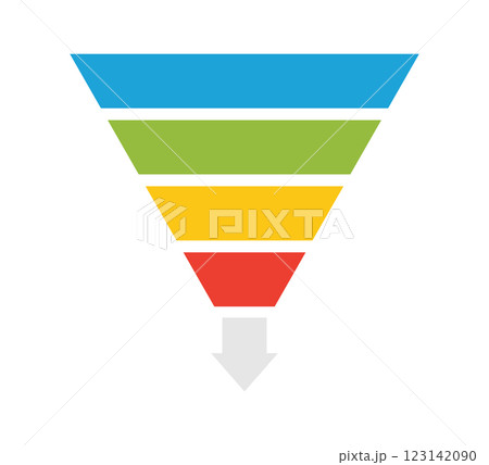 Sale marketing funnels set. Business pyramid template with four steps. Funnel diagram 4 steps template. Filter level icon. Infographic cone chart. Vector illustration isolated on white background 123142090