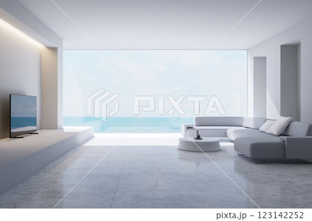 Minimal style modern living room with sea view 3d render 123142252