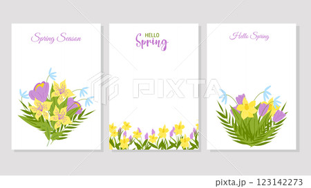 Hello Spring template poster or cards set. Colorful background with beautiful flowers. Vector illustration for cover design marketing material natural and organic products. Hello Spring template poster or cards set. Colorful background with beautiful flowers. Vector illustration for cover design marketing material natural and organic products. 123142273