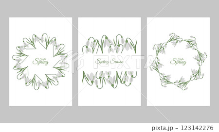 Hello Spring template poster or cards set. Snowdrops frames and wreath. Colorful background with beautiful flowers. Vector illustration for cover design marketing material natural and organic products Hello Spring template poster or cards set. Snowdrops frames and wreath. Colorful background with beautiful flowers. Vector illustration for cover design marketing material natural and organic products 123142276