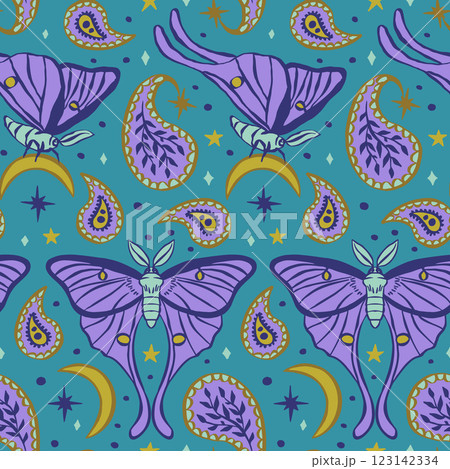 Seamless pattern with celestial luna moth and paisley motif. Stars and moons boho wallpaper Seamless pattern with celestial luna moth and paisley motif. Stars and moons boho wallpaper 123142334