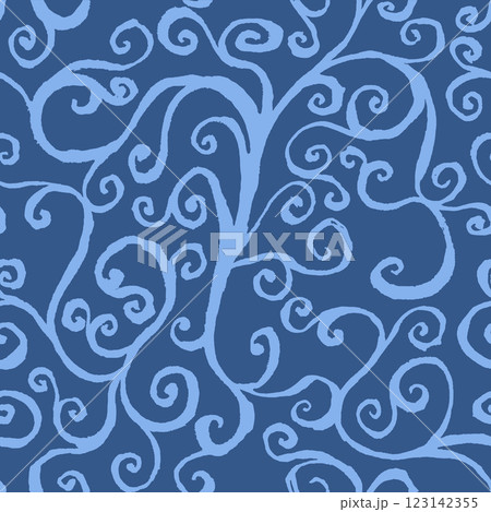 Hand drawn abstract monochrome blue botanical seamless pattern with rough edges swirls Hand drawn abstract monochrome blue botanical seamless pattern with rough edges swirls 123142355