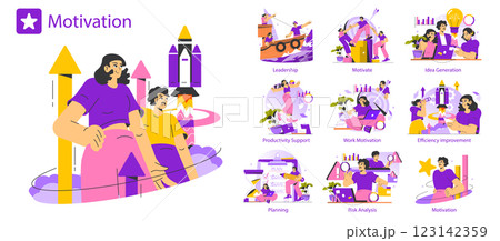 Motivation concept illustrating various aspects of empowerment and productivity. Themes include leadership, idea generation, work motivation, risk analysis, and support for effective planning. Vector 123142359