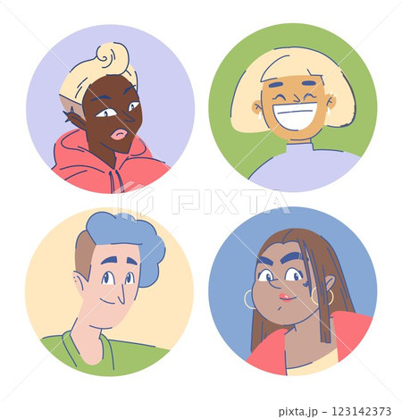 set of character profile icons in round shapes, women, queer persons 123142373