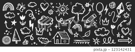 Kid crayon chalk line cloud, flower children sticker set. Hand drawn crayon doodle sketch childish cute element set. Chalk star, heart, flower color cute element background. Vector 123142431