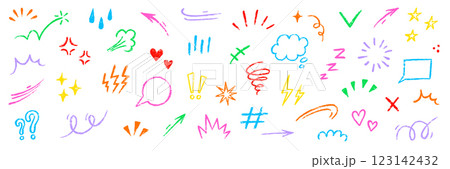 Line movement element hand drawn chalk effect decoration shape. Hand drawn cute doodle line element arrow, emphasis, shock, sparkle. Motion cartoon movement chalk icon. Vector illustration 123142432