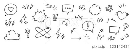 Comic cute speech bubble cartoon element icon set. Comic cute speech bubble, emphasis, star spark, line movement cartoon vector icon. Outline doodle speed motion, funny spark. Vector 123142434