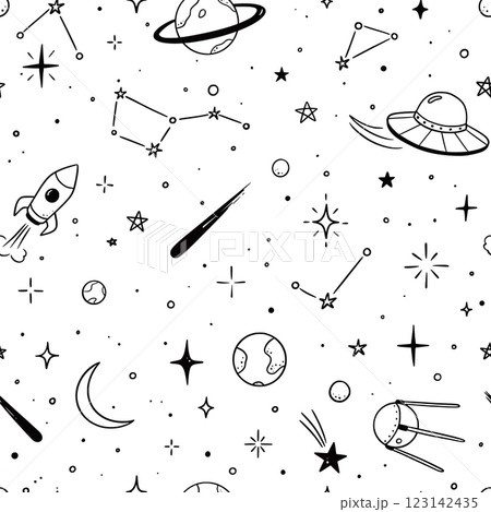 Space star galaxy vector seamless pattern. Hand drawn doodle sketch line style galaxy planet star, rocket, moon cute sky background. Space planet kid doodle universe pattern. Vector illustration 123142435
